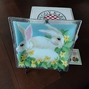 Peggy Karr Bunnies deep square 10" plate signed by the artist, 10" stand…